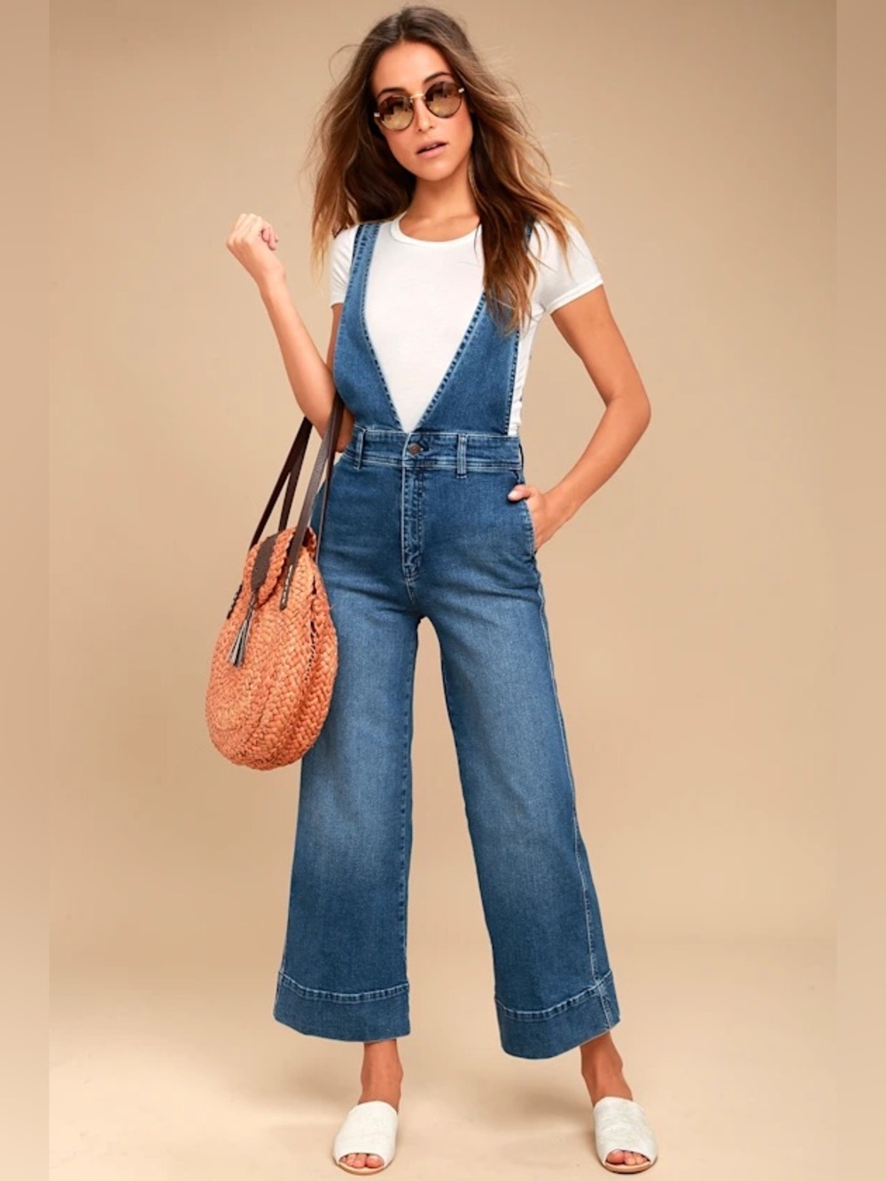 Free People Denim Wide Leg Overalls Jumpsuit Blue Boho Festival Adjustable Sz 4